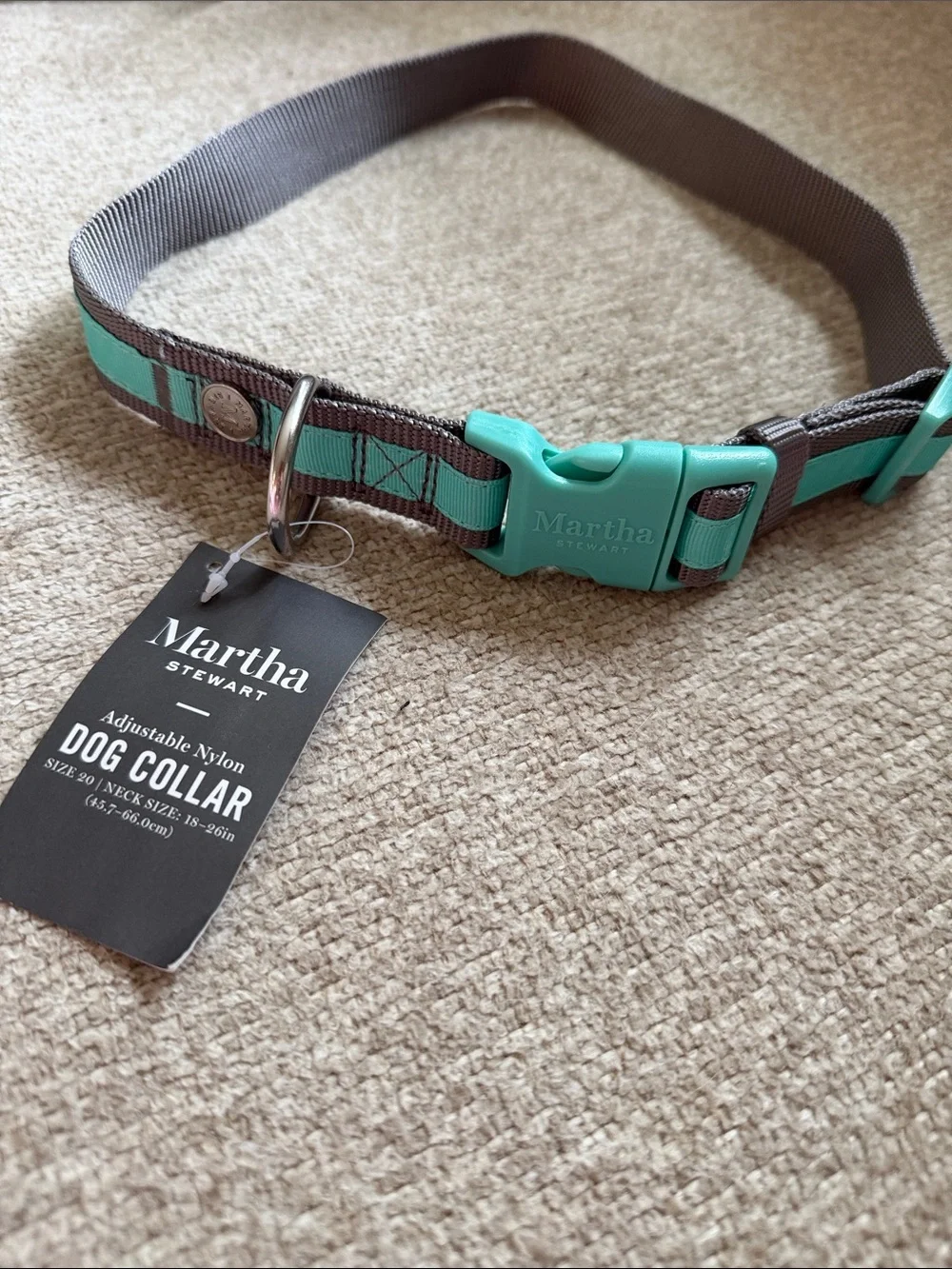 NWT Martha Stewart Mint and Gray Adjustable Nylon Dog Collar w/ Teal Snap Buckle